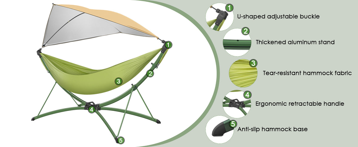 Portable Outdoor Hammock with Quick-Fold Stand and Adjustable Sunshade