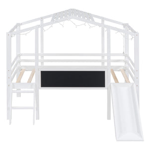 Loft House Bed With Ladder And Slide, With board And Light Strip On The Roof
