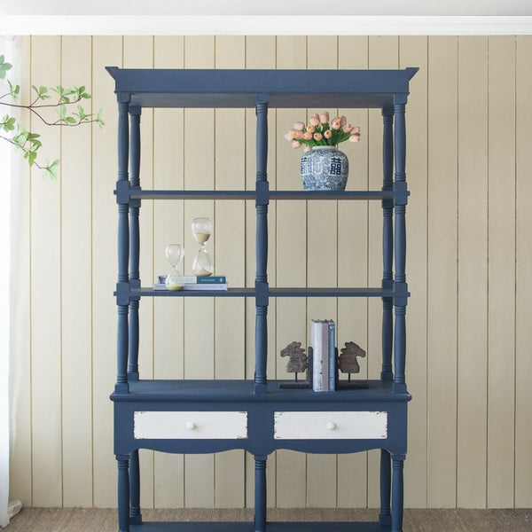 4 Tier Wooden Shelf With Two Drawers - Antique Navy Blue