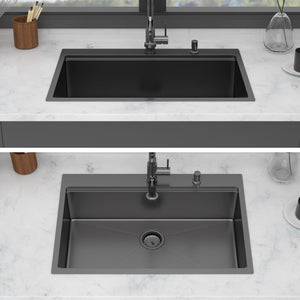 Drop In Kitchen Sink With Pull Out Faucet And Soap Dispenser, Single Bowl Topmount Sink - Gunmetal Black