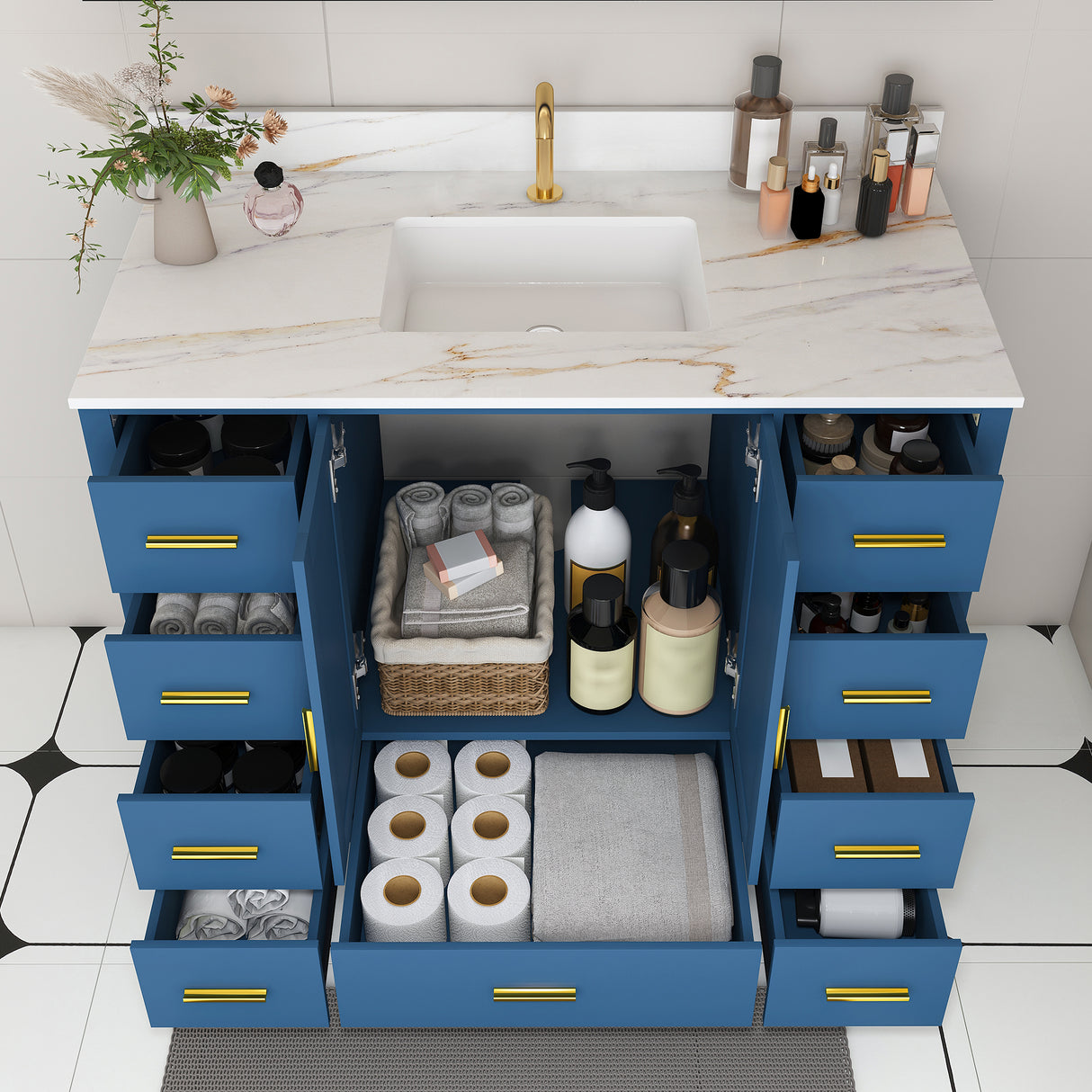 42" Modern Solid Wood Bathroom Vanity with Sink, 43" Carrara