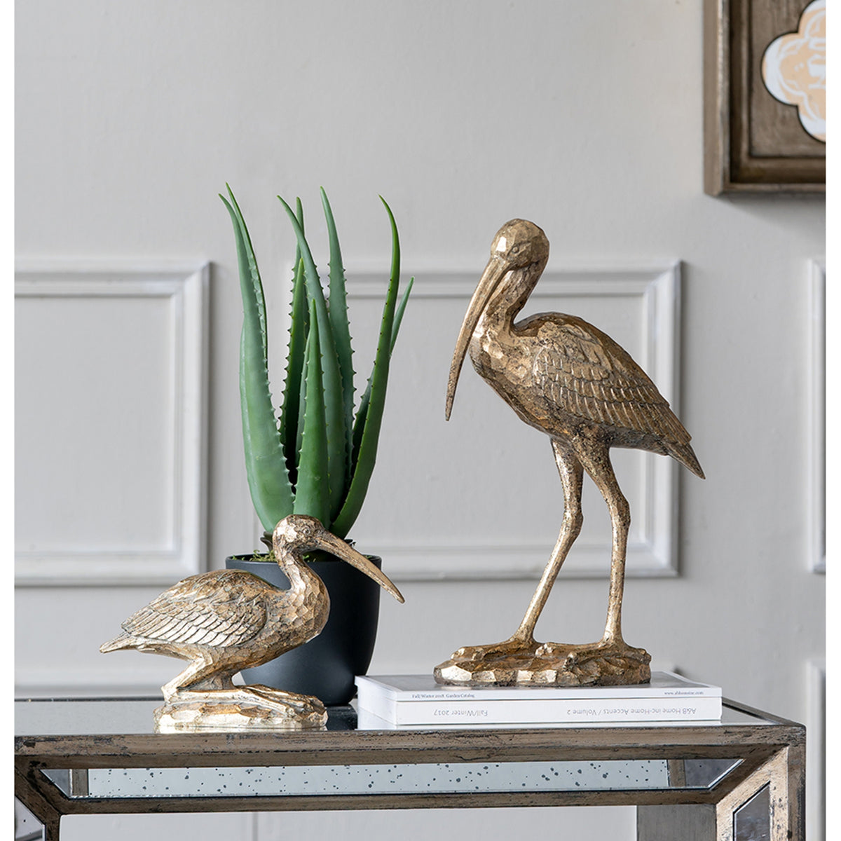 Kneeling Crane Figurine, 7.1 x 10.4 x 3 Inches, Antique Gold