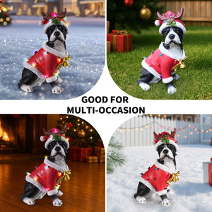 Christmas Boston Terrier Statue, Holiday Dog Figurine in Santa Outfit