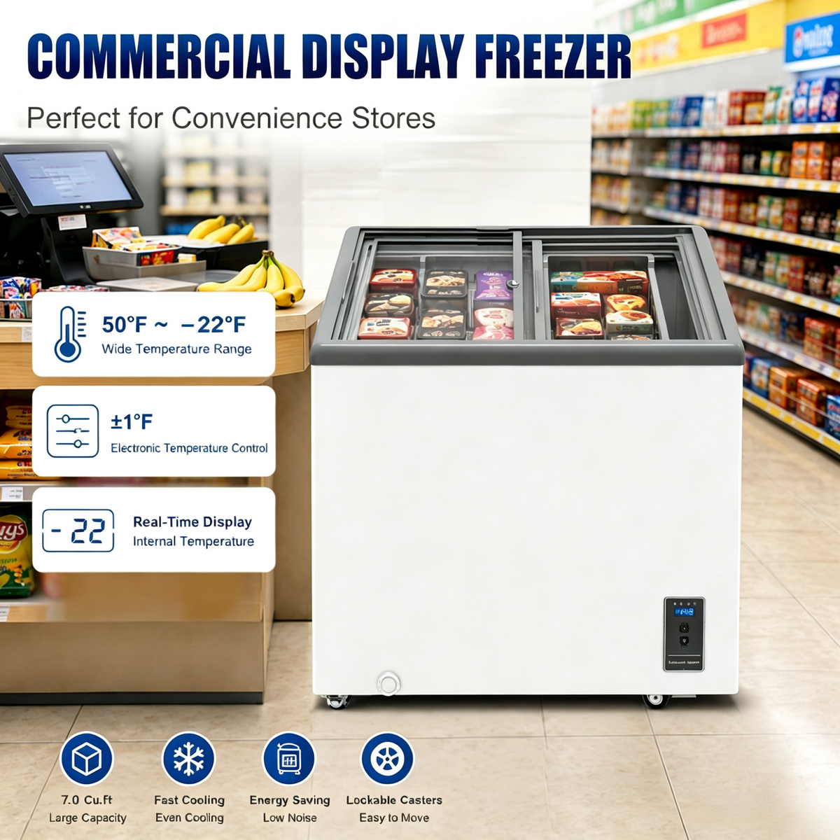 7.0 Cu.Ft Commercial Display Chest Freezer Inverter Energy Saving Ice