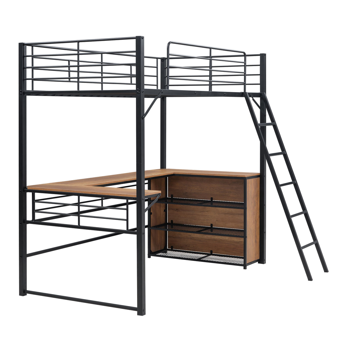 Loft Bed & 3 Layers Of Shelves And L-Shaped Desk