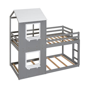 Bunk Bed Wood Bed & Roof, Window, Guardrail, Ladder