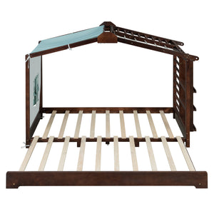 Twin Size House Bed with Trundle and Side Shelves - Pine & Plywood, White/Gray/Natural/Espresso