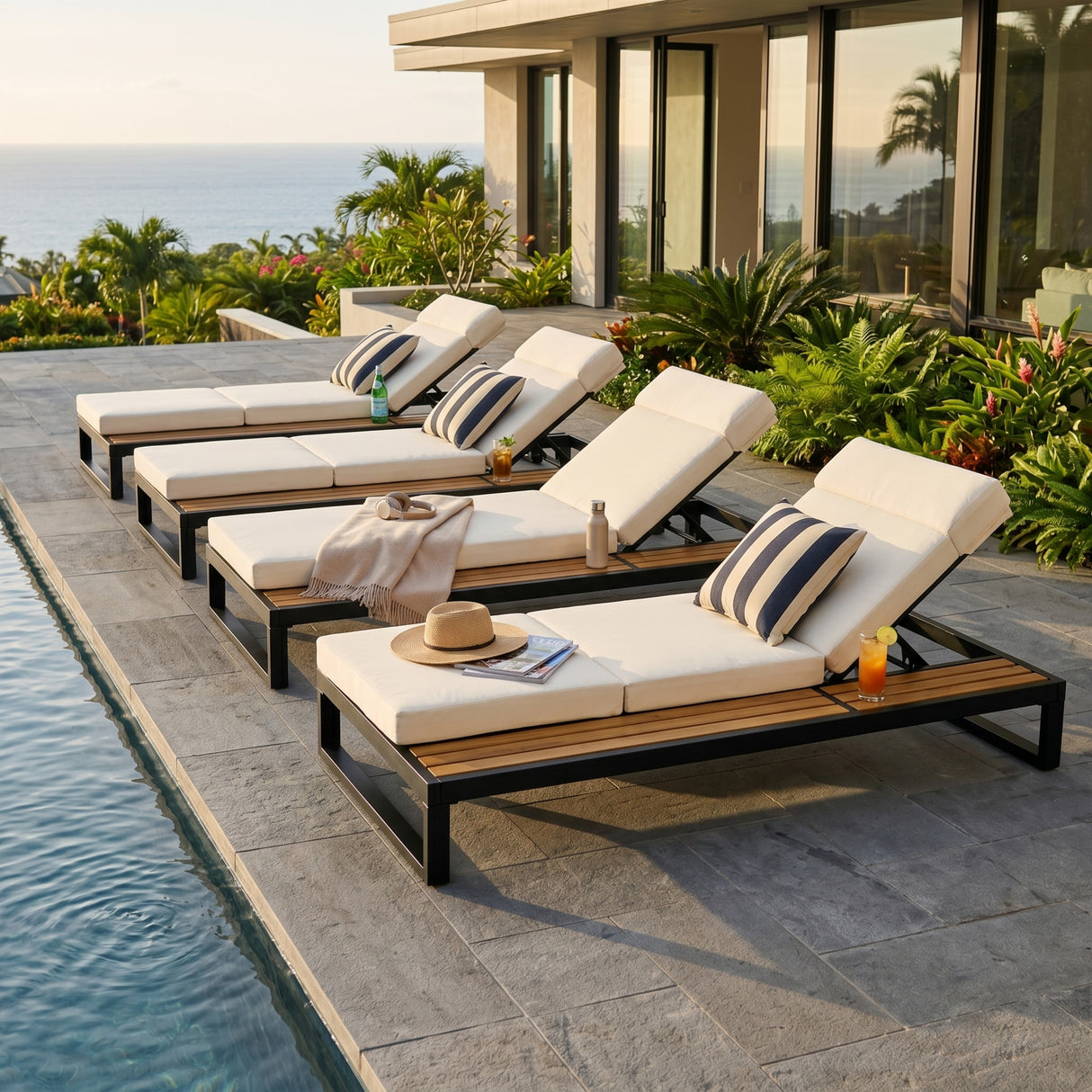 Black Iron & Teak Finish Chaise Lounge Set