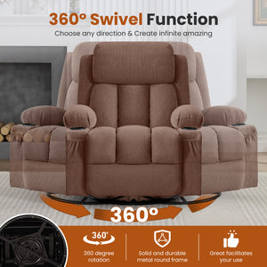 Swivel Rocker Recliner Chair with Vibration Massage and Heat - Brown, Blue, Grey