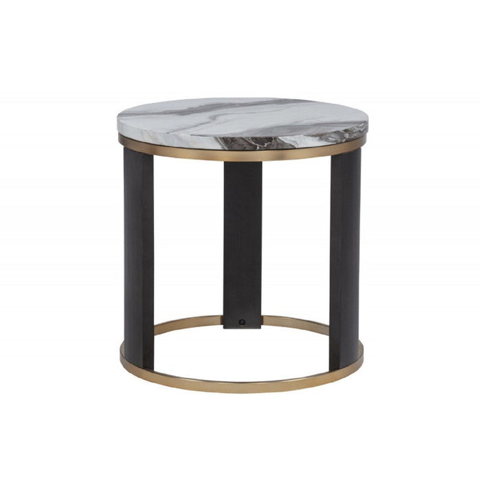 Round End Table with Faux Marble Top - Gold / Brown