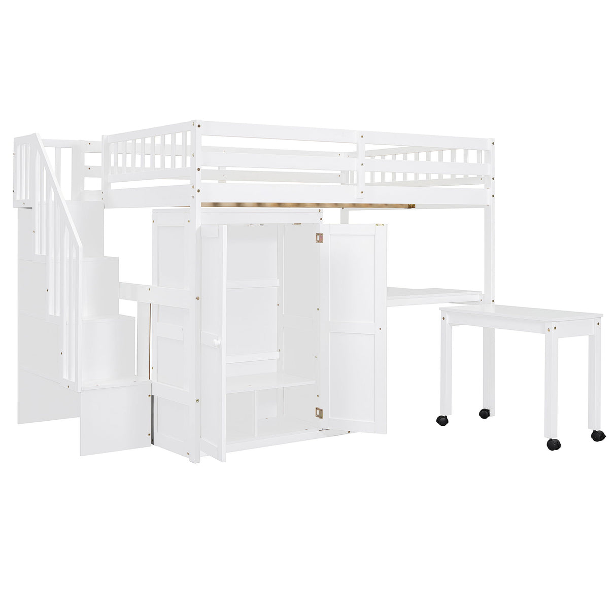 Loft Bed With Stairs, Bookshelf, Drawers, Desk & Wardrobe, Space Saving Multifunctional Furniture
