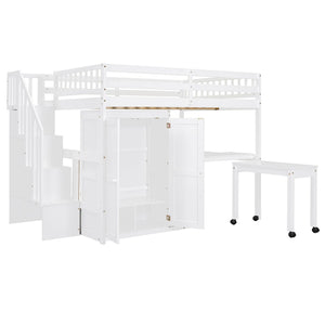 Loft Bed With Stairs, Bookshelf, Drawers, Desk & Wardrobe, Space Saving Multifunctional Furniture