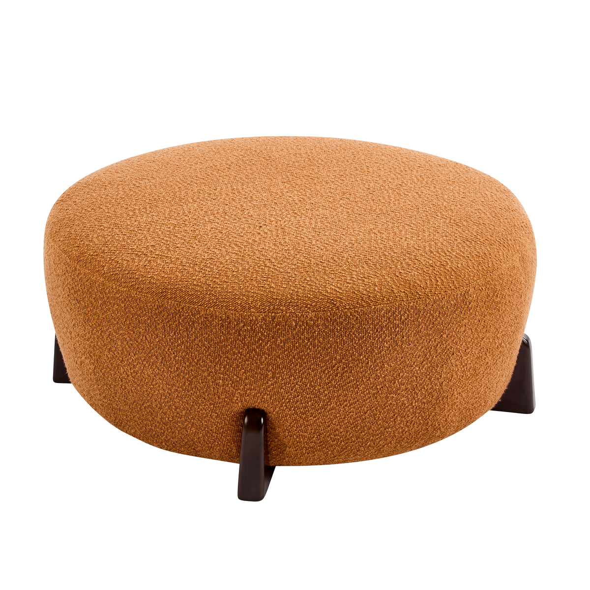 Modish Round Ottoman: Boucle Top with Splayed Rubber Wood Legs, Pumpkin