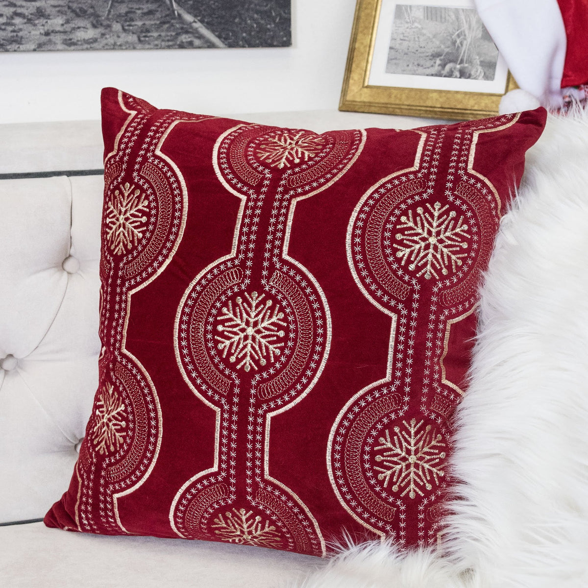 Red Holiday Embroidered Velvet Throw Pillow with Insert 20x20 Set of 2