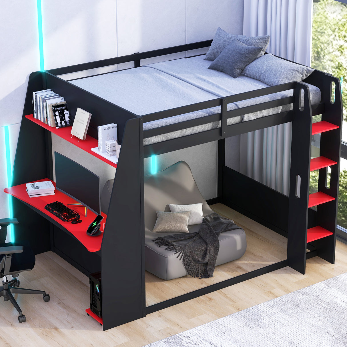 Full Size Wooden Gaming Bunk Bed with Desk, Two Storage Shelves, USB and LED Light