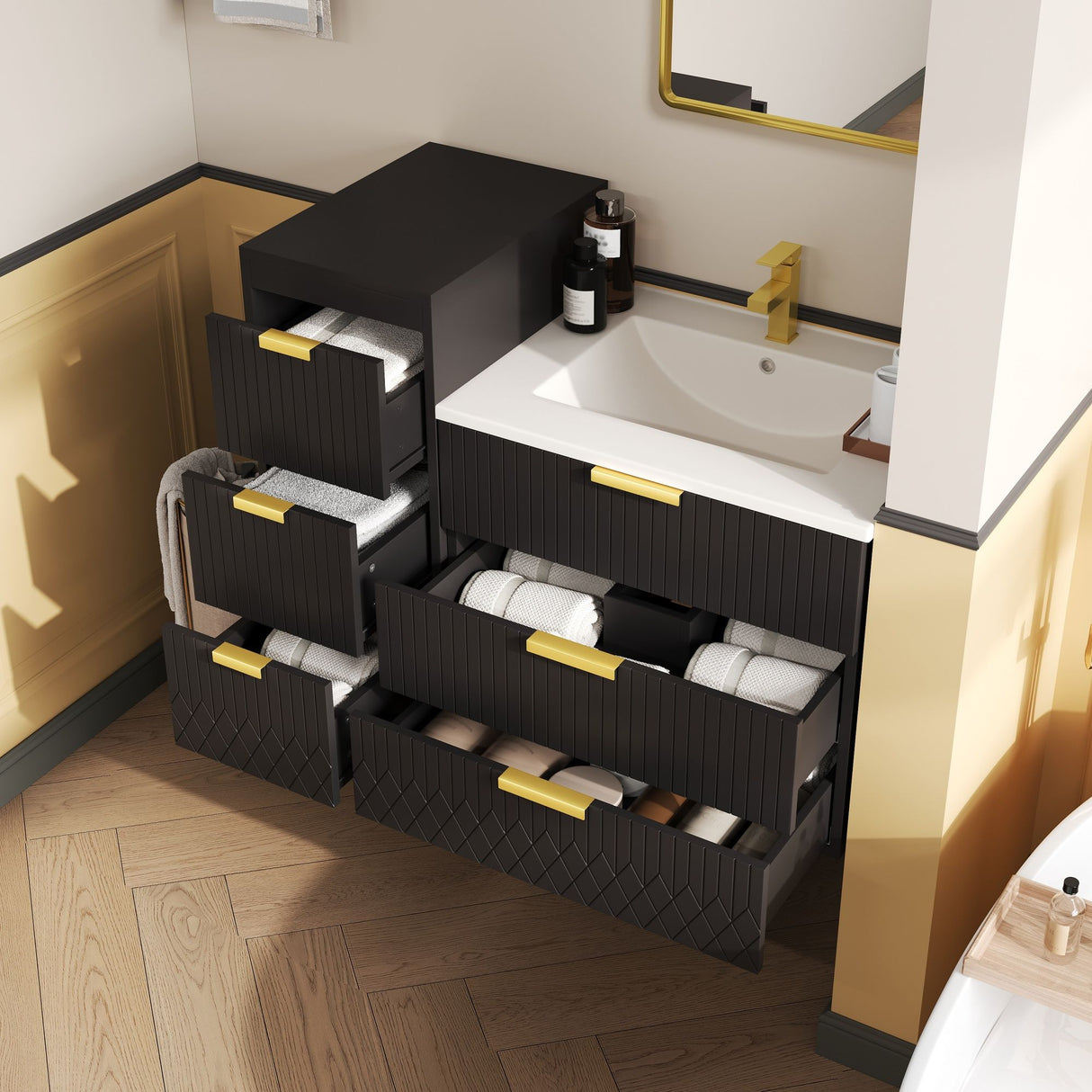 Wall Mounted Floating Cabinet With Side Cabinet Combo, Rectangular Ceramic Sink Vanity