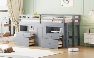 Loft Bed With 4 Drawers, Underneath Cabinet And Shelves