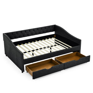 Upholstered Tufted Daybed With 2 Drawers, Waved Arms