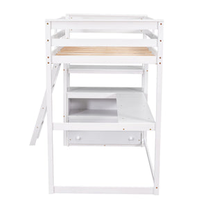 Modern Loft Bed With Built In Desk, Shelves, And 2 Drawers