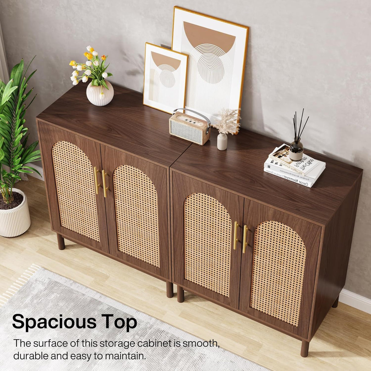 Sideboard Buffet Cabinet With Handwoven Rattan Doors (Set of 2) - Dark Brown