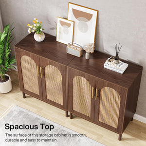 Sideboard Buffet Cabinet With Handwoven Rattan Doors (Set of 2) - Dark Brown