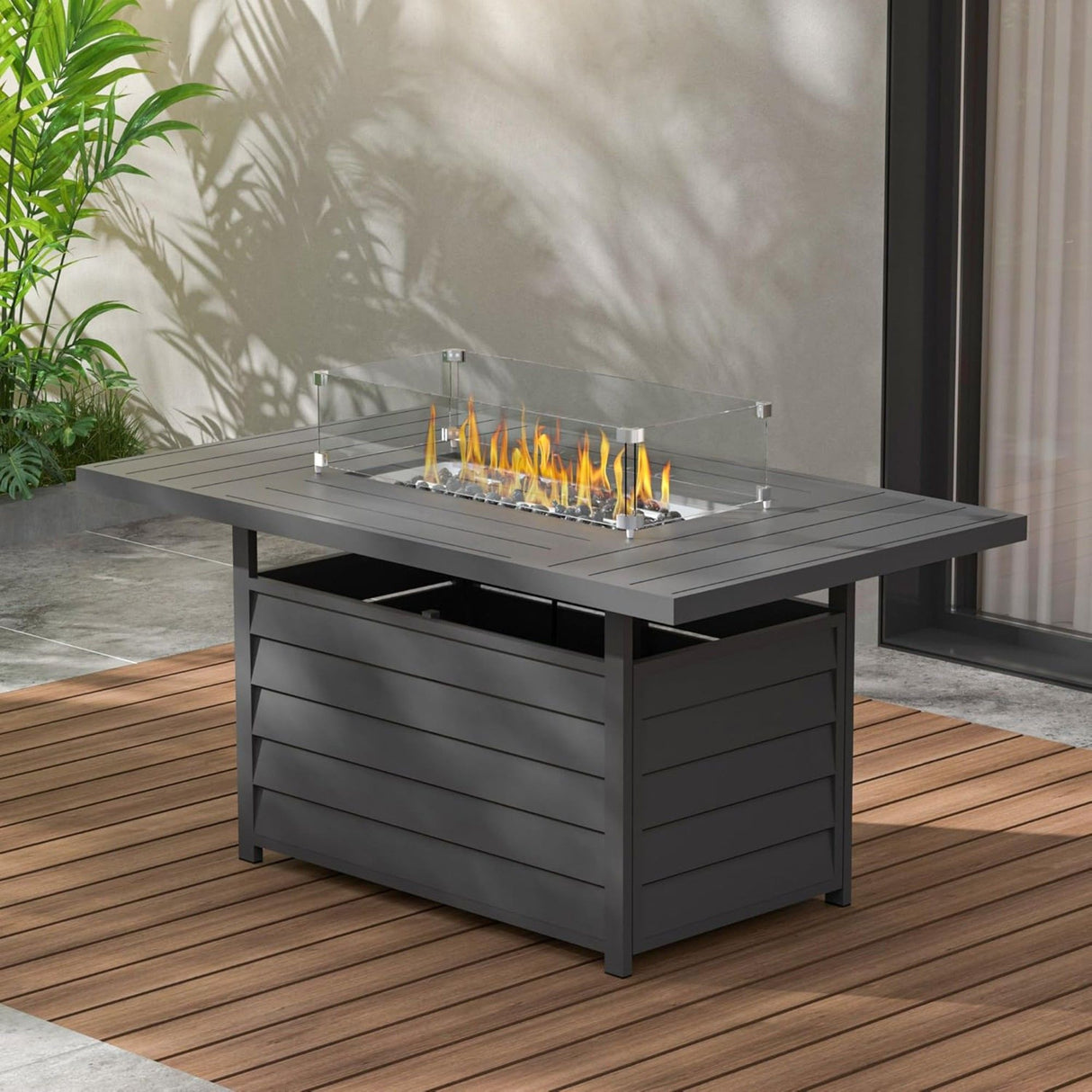 Rectangular Propane Fire Pit Table With Burner, Lava Rock, Waterproof Cover