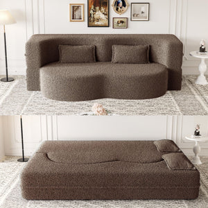 Modern Floor Sofa With Two Pillows Convertible Teddy Fabric Foam Filled Bed