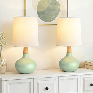 Ceramic and Wood Table Lamp, 14 Inches, Set of 2, Green