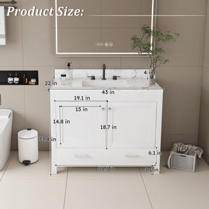 43" Bathroom Vanity With Artificial Marble Carrara Top Set, Multi Functional Bathroom Cabinet With Doors And Drawer - White