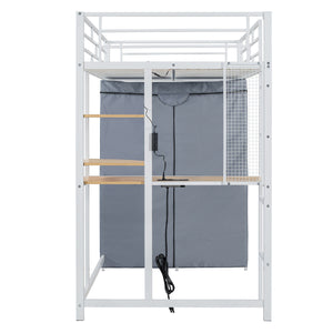 Loft Bed With Desk, Shelves, Power Outlet, LED Light And Wardrobe