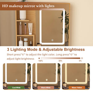 Vanity Table With LED Mirror, Power Outlet, Hairdryer Holder & Padded Stool, Compact Dressing Desk For Small Bedrooms - Wood