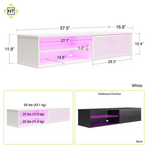 Glitch Floating TV Stand For TVs Up To 60" With RGB Lighting And Sliding Door - White