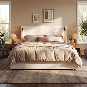 California King Size Upholstered Bed Frame with High Wingback Headboard, Reading Lamp and USB Port