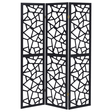 3 Panel Folding Screen With Mosaic Cutout Design - Black
