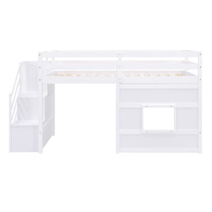 Loft Bed With Storage Staircase, Window & LED Light