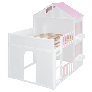Full over Full House Bunk Bed with Storage - Pink