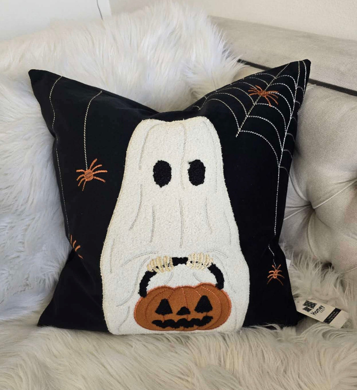 Halloween Ghost with Pumpkin Bucket Throw Pillow Set of 2