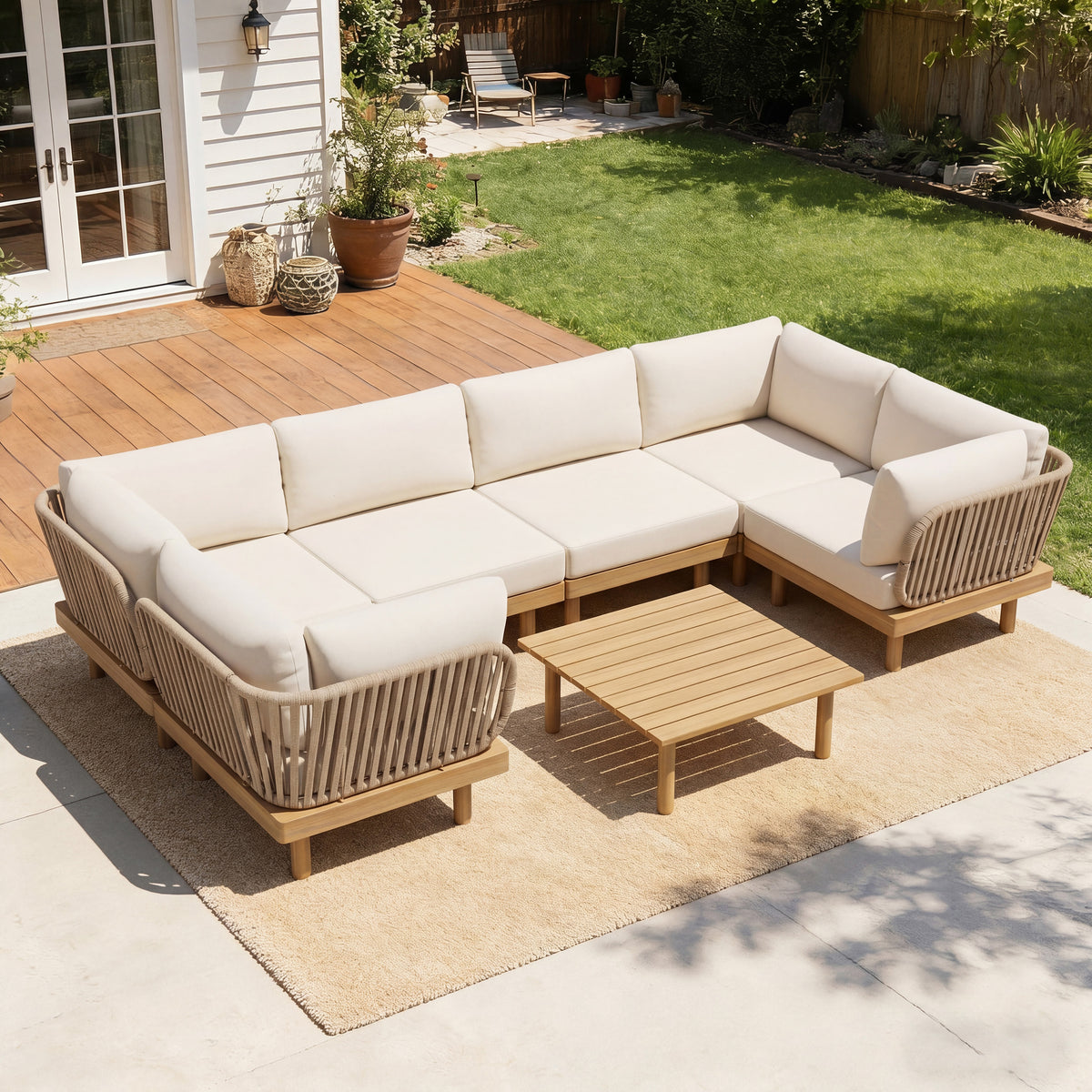 7-Piece Acacia Wood Outdoor Sectional Sofa Set with Rope Back