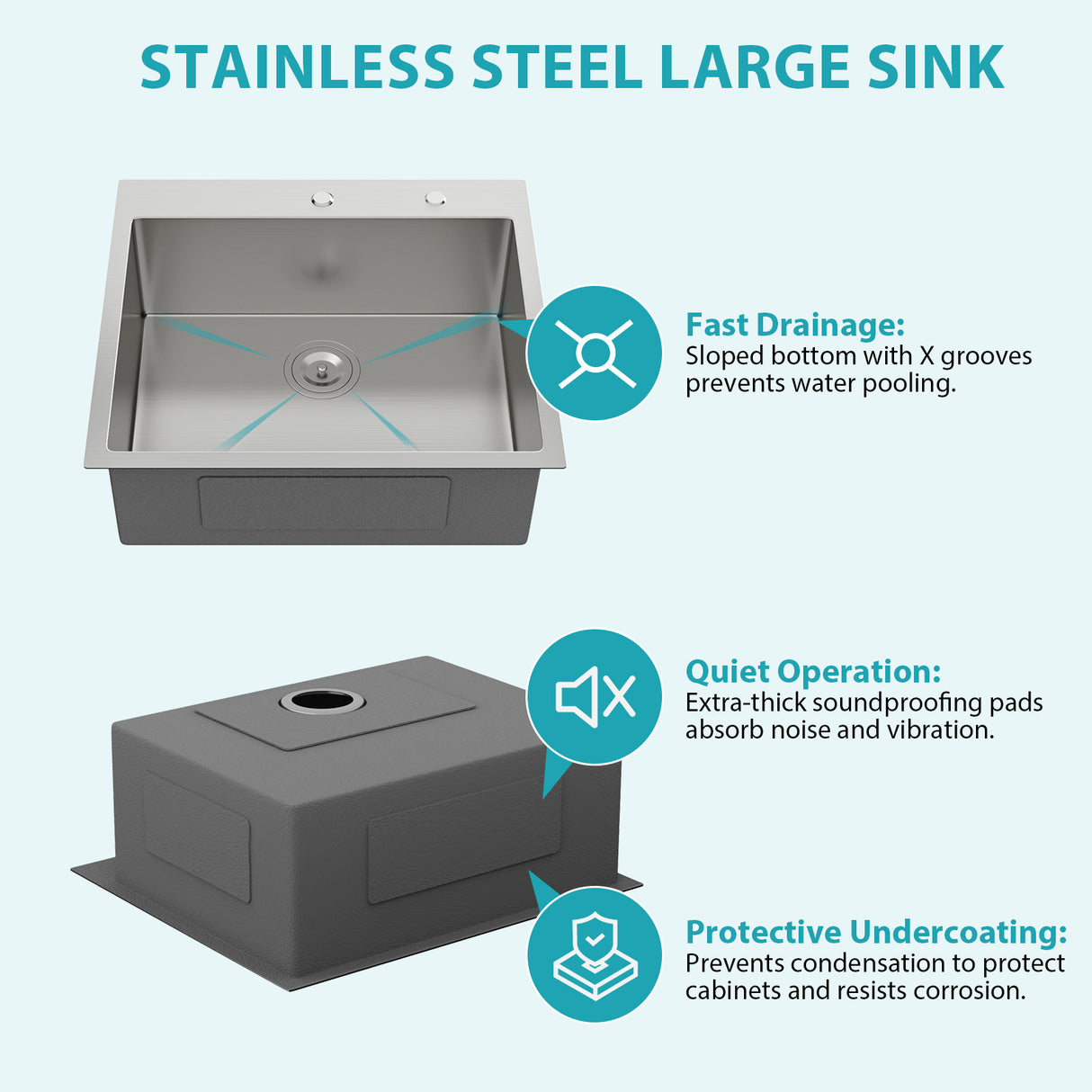 24 x 18 x 9 Inch Kitchen Sink Drop-In 16 Gauge Stainless Steel