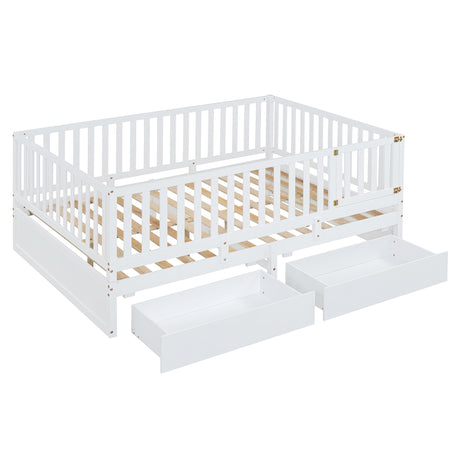 Daybed With Fence Guardrails And 2 Drawers, Split Into Independent Floor Bed & Daybed