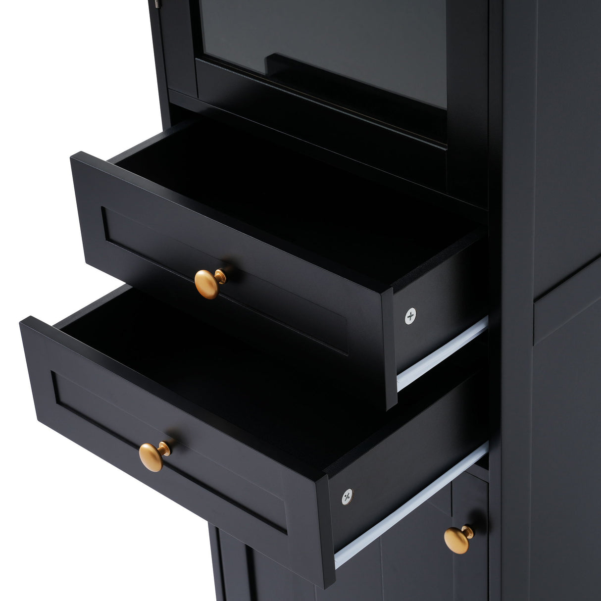 Tall Bathroom Storage Cabinet With Glass Doors, Free-Standing, Two Drawers, And Adjustable Shelves, Board, Painted Perfect For Displaying Your Favorite Items