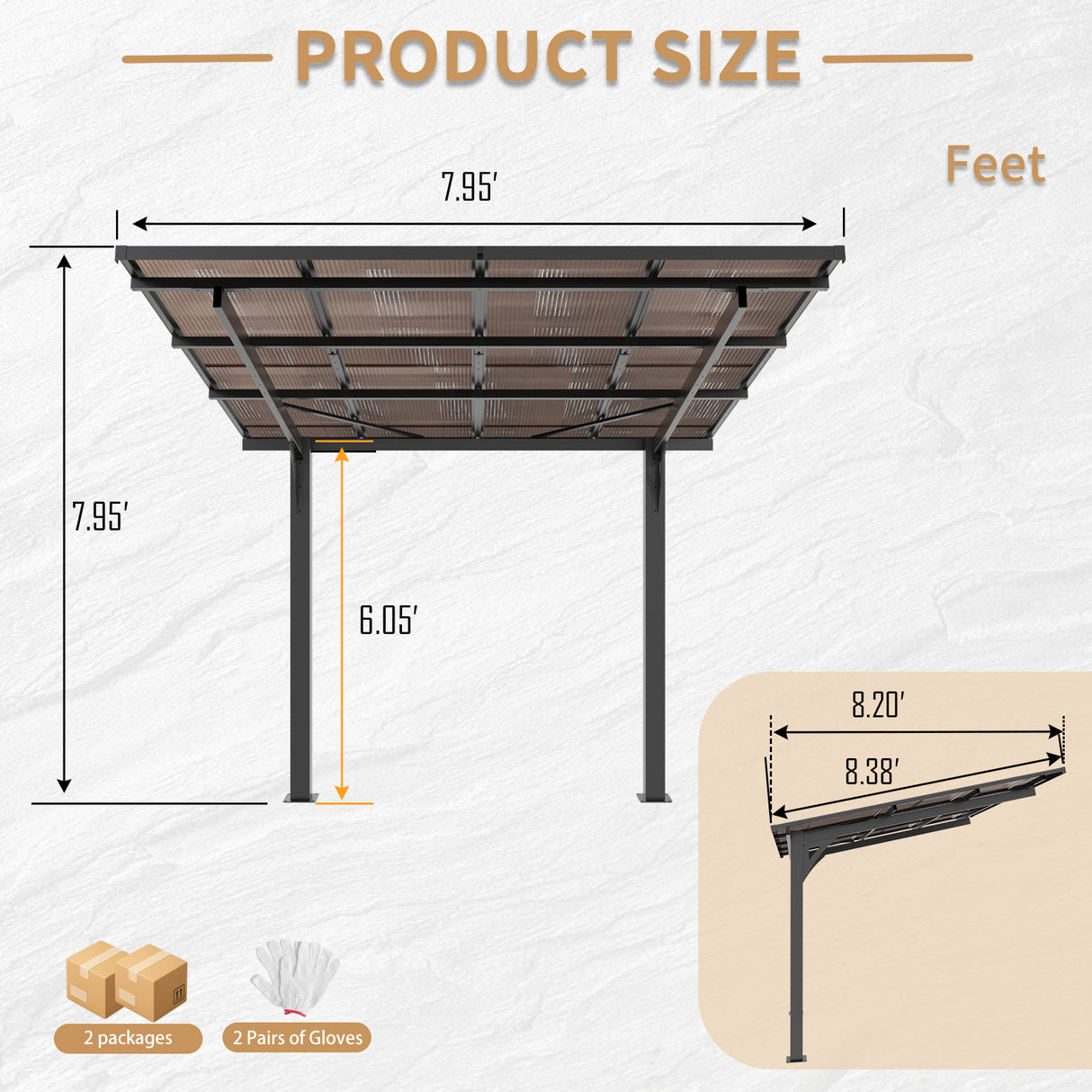 8x8FT Outdoor Carport with Galvanized Steel Frame and Sloped PC Roof