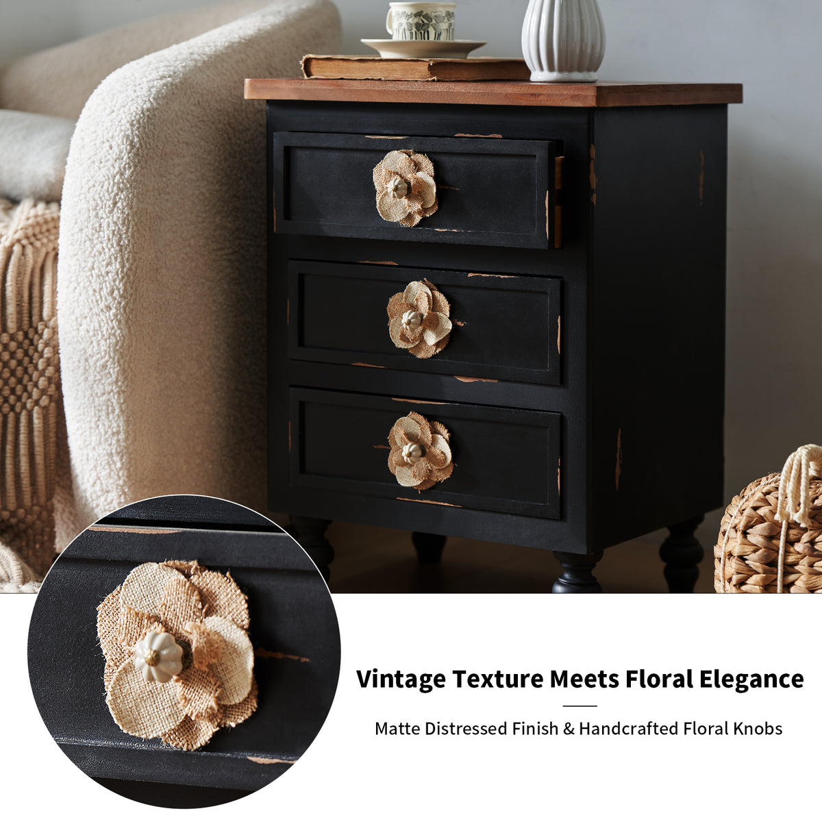 Vintage Farmhouse End Table with Floral Knobs, 19-Inch, 3-Drawer Nightstand, Antique Black