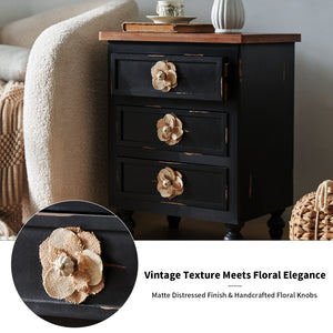 Vintage Farmhouse End Table with Floral Knobs, 19-Inch, 3-Drawer Nightstand, Antique Black