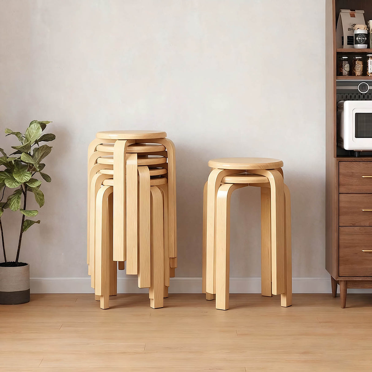 Stackable Bentwood Stool Set of 6, 18" Round Backless Stools