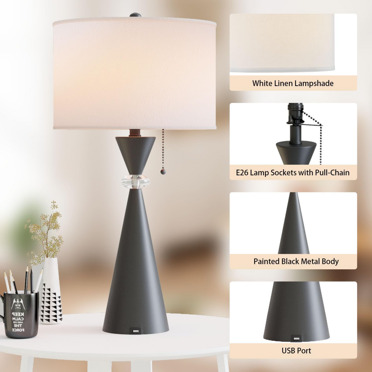 28-Inch Modern Table Lamps Set of 2, Bedside Lamps with USB Charging Ports, Black