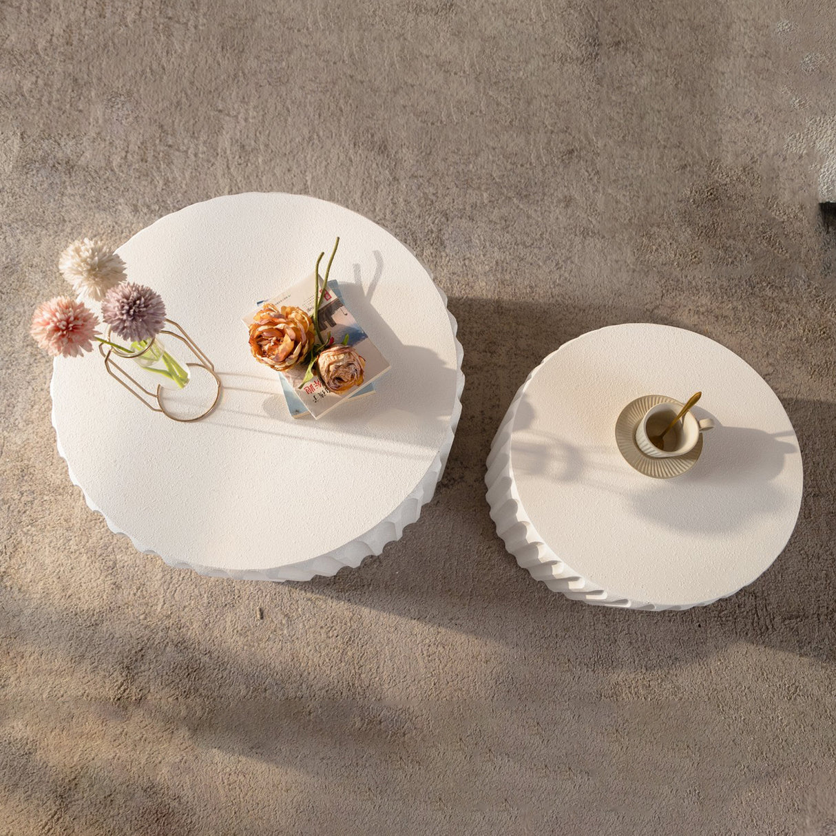 White Scalloped Round Coffee Table Set: Nesting Design, Elegant Curved-Edge Shape