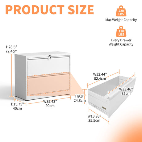 Lateral File Cabinet 2 Drawer, Locking File Cabinet With Anti Tip Interlock, Heavy Duty Storage For Letter / Legal / A4