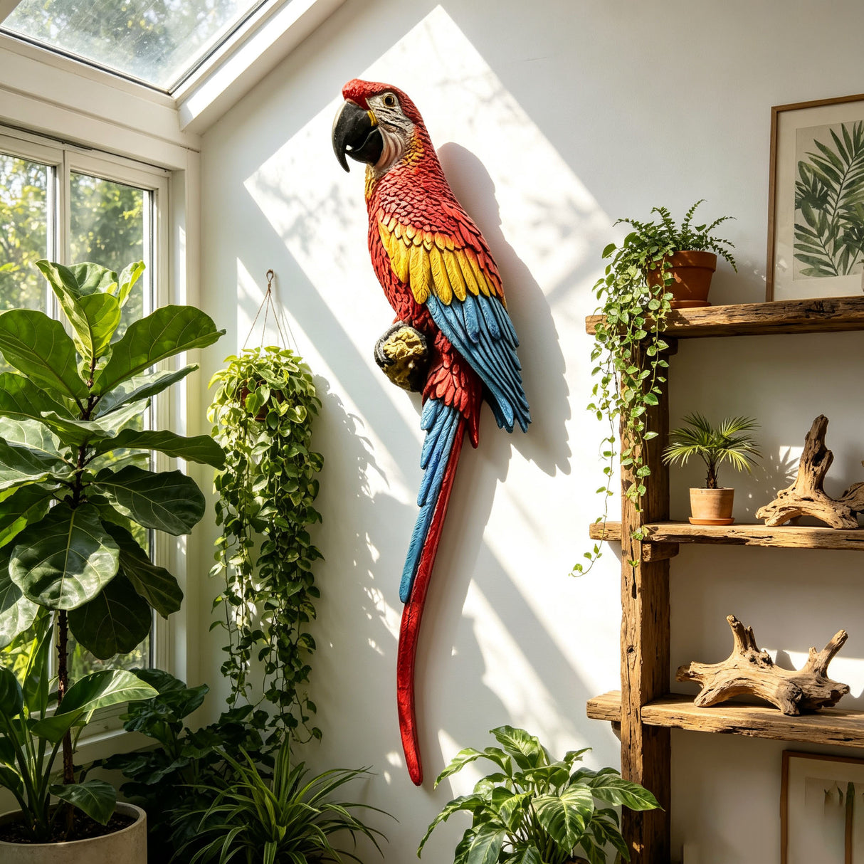 Hanging Scarlet Macaw Parrot Statue, 38'' Lifelike Hand-Painted Resin Bird Figurine Weatherproof Outdoor Tropical Sculpture for Porch, Balcony, Tree & Patio Garden Yard Decor, Cute Animal Ornament Gi