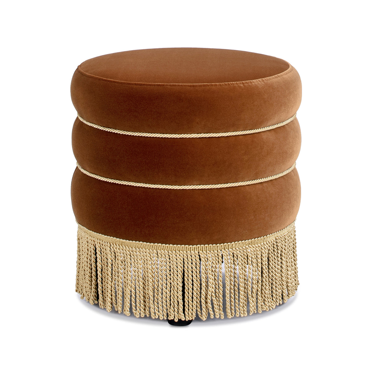 Edward 17.5" Round Upholstered Ottoman with Bullion Fringe Burnt